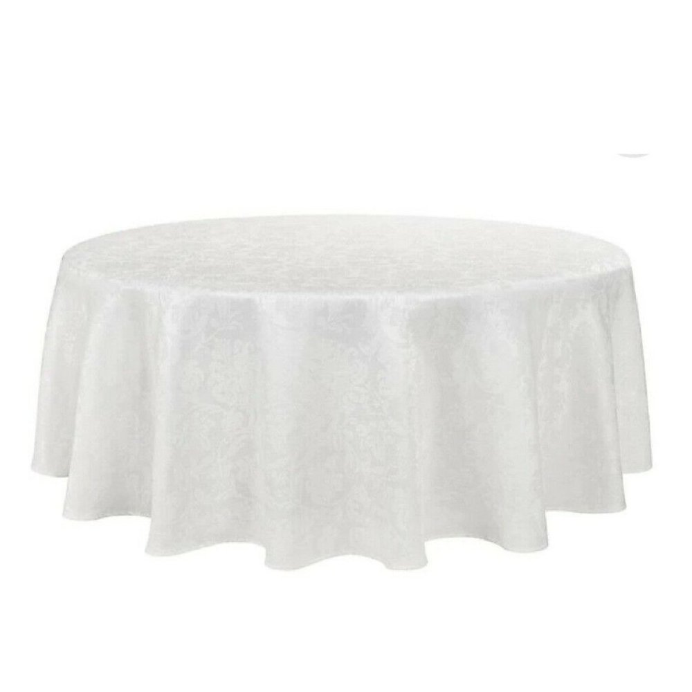 new WHITE Holiday Medley Damask Fabric 90 inch Round Tablecloth (Seats 6 to 8)